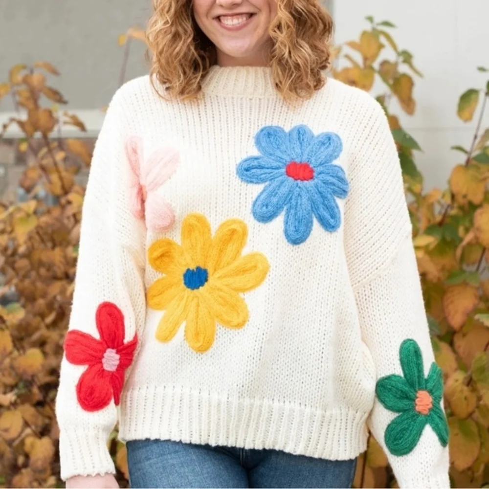 Dreamers By Debut Women's Boho Cottagecore Cream Floral Knit Sweater Size Small - Picture 2 of 9